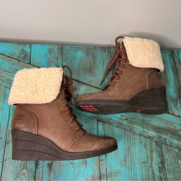UGG Zea Chocolate Brown Wedge Ankle Shearling Boots Size 7 - Picture 5 of 16